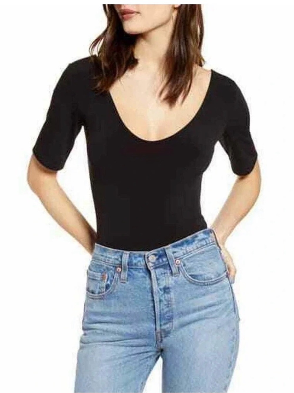 Leith low-cut bodysuit with sleeves just to the elbow